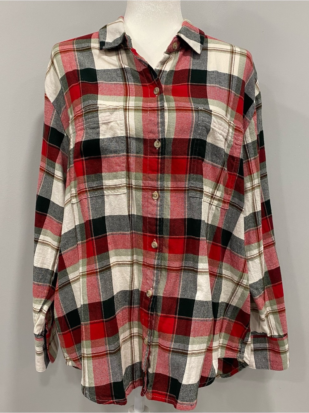 Old Navy L Flannel Boyfriend Tunic Shirt White Tartan Long Sleeve Button Western